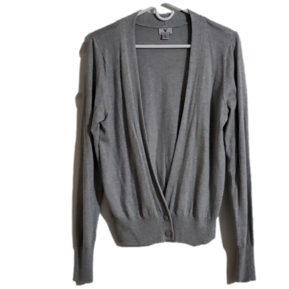 Worthington Gray Open Front Button Cardigan Sweater Cotton Blend Size Large